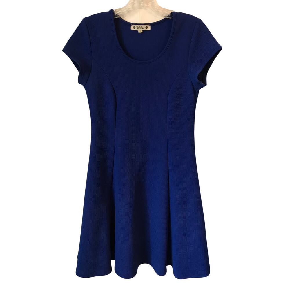 Wilde Dress Small Womens Royal Blue Waffle Knit Swing Skirt Cap Sleeve Pullover